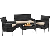 BestOffice Patio Furniture 4 Pieces Outdoor Indoor Use Rattan Chairs Wicker Patio Loveseats Conversation Sets with Table and