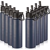 Volhoply Insulated Water Bottles with Straw Bulk 8 Pack, 22 oz Stainless Steel Sports Bottle with Handle Lid,Double Walled Metal Travel Water Cups with Wide Mouth, Reusable Water Flask(Navy,8 Set)