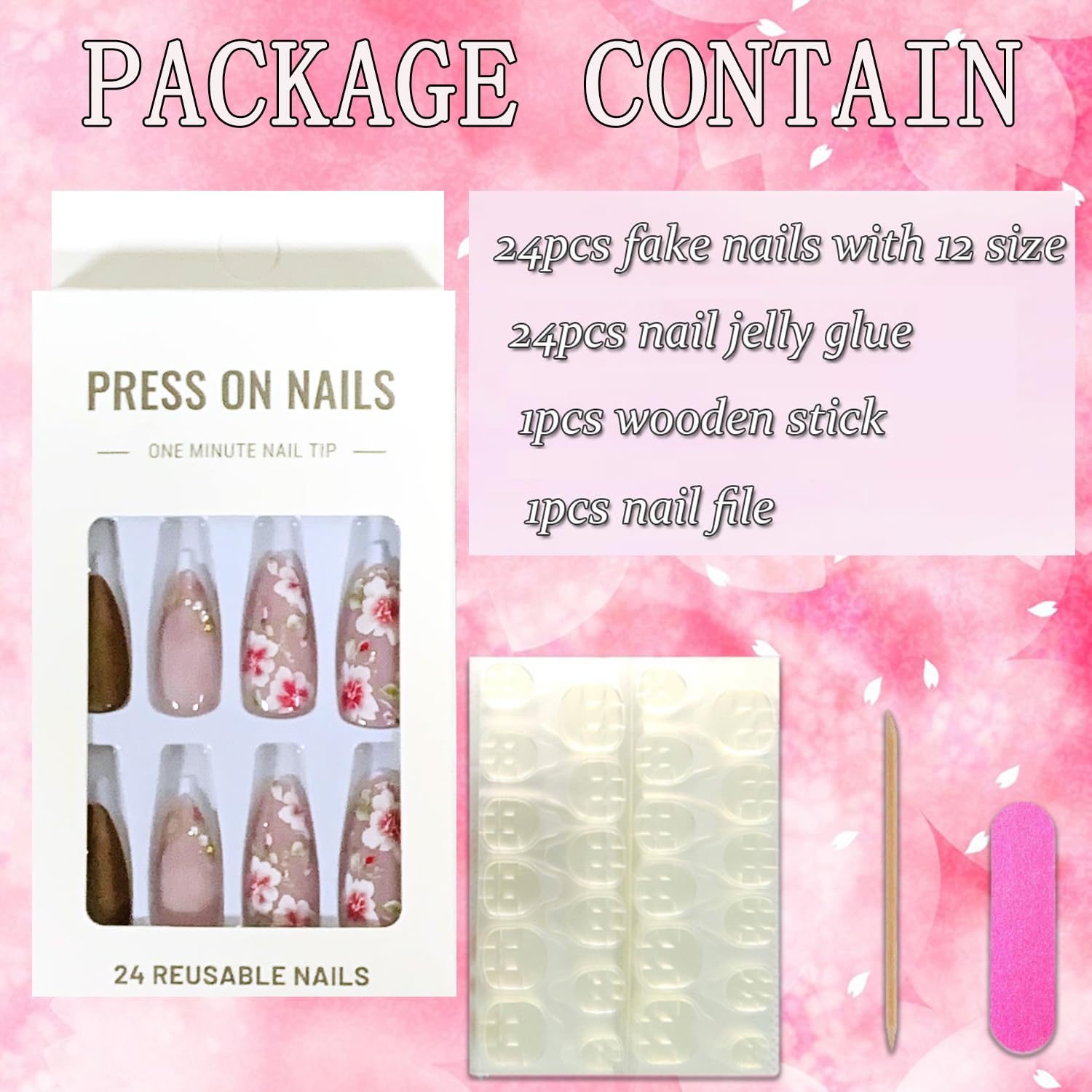 Press on Nails Medium Almond Shape-Glossy Full Cover Acrylic Pointed Rhinestone False Nails with Pink Floral Designs Artificial Fake Nails with Charms Glue ons Nails Stick on Fingernails for Women - Image 4
