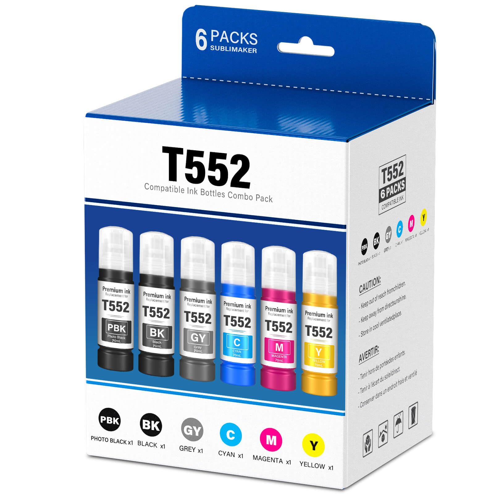 Photo 1 of **Only 4** Compatible for 552 Ink Refill Bottles 6 Pack (NotSublimation Ink) Compatible Replacement for Epson Ecotank Photo ET-8550 ET-8500 ET8550 ET8500 8550 8500 Printer, T552 Ink (BK Pigment, PB C M Y GY Dye)