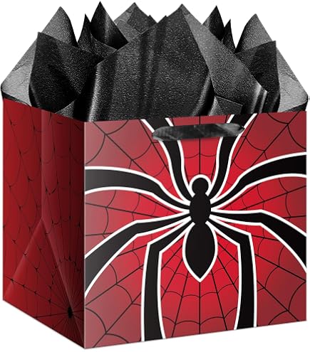 12 Pack Spider Party Favor Bags With Handles, Red Blue Black Spider Web Gift Goodie Bags For Birthday, Halloween & Kids Parties