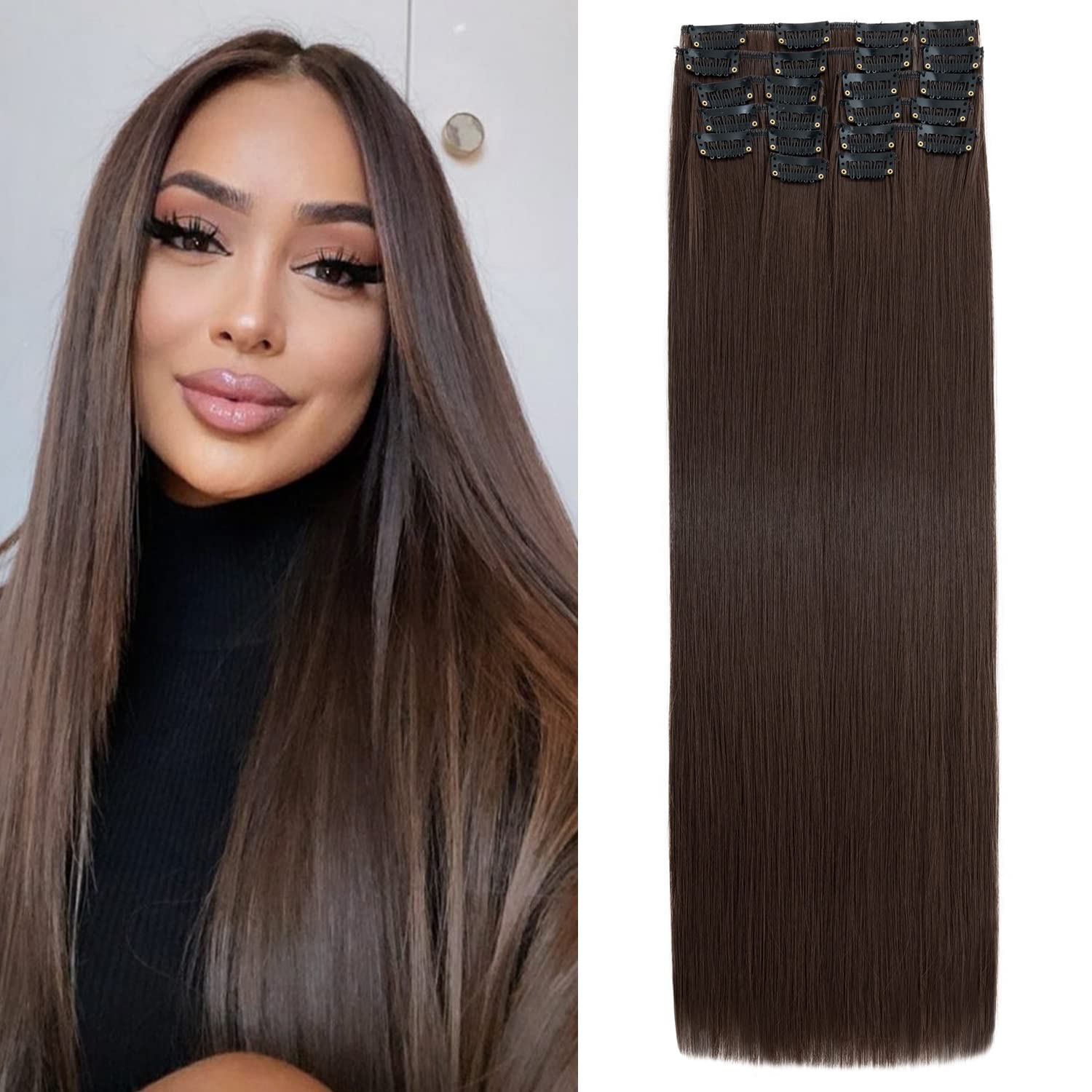 S-Noilite 22 Inches Long Straight Hair Extensions Clip in Full Head 12PCS Hair Extensions Clip on Synthetic Fiber Hairpieces for Women - Light Brown โ image 1