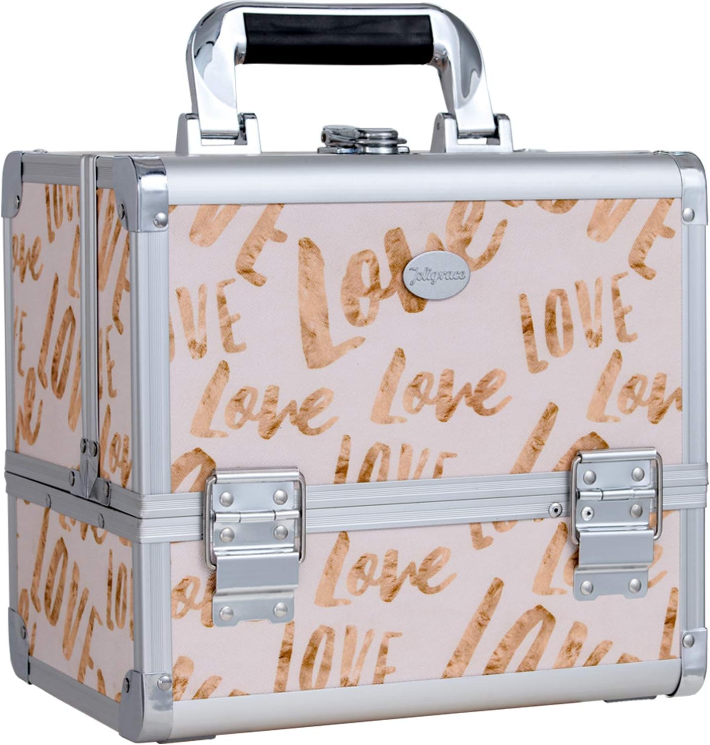 Joligrace Makeup Train Case Cosmetic Organizer Box Lockable with 3 Trays and a Brush Holder White Love Pattern with Mirror