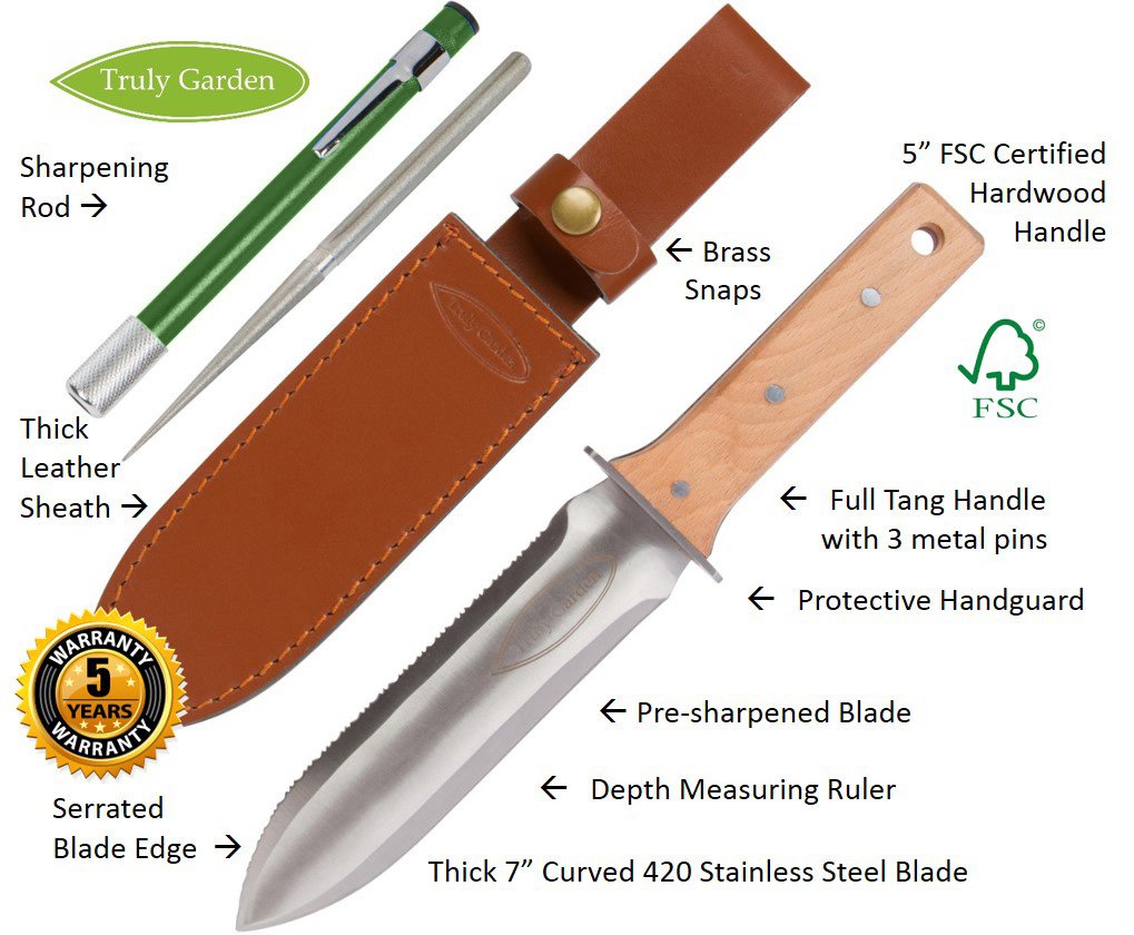 Hori Hori Garden Knife with FREE Diamond Sharpening Rod, Thickest