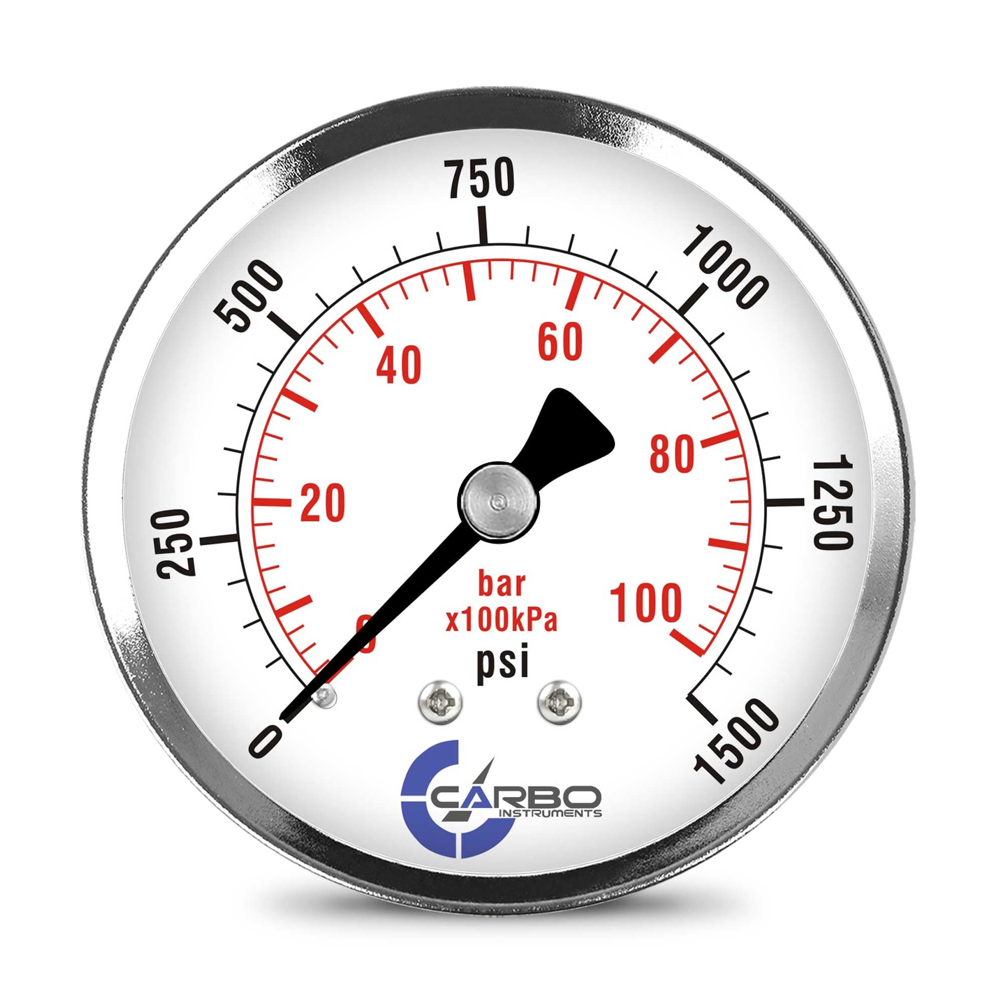 CARBO Instruments 2-1/2" Pressure Gauge, Chrome Plated Steel Case, Dry, 0-1500 psi/kPa, Back Mount 1/4" NPT