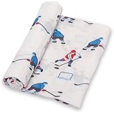LollyBanks Swaddle Blanket 100% Muslin Cotton, 47 x 47 inches Soft Breathable Muslin Baby Swaddles for Boys, Baby Essentials, Registry and Gift (Ice Hockey Print), Pass, Shoot, Score