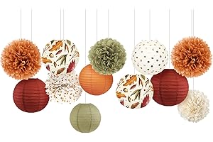 NICROLANDEE Fall Wedding Decorations, 12 PCS Orange Maple Leaf Paper Lanterns Tissue Pom Poms for Thanksgiving Day Backdrop Decoration, Fall Baby Bridal Shower, Birthday, Autumn Harvest Party Decor