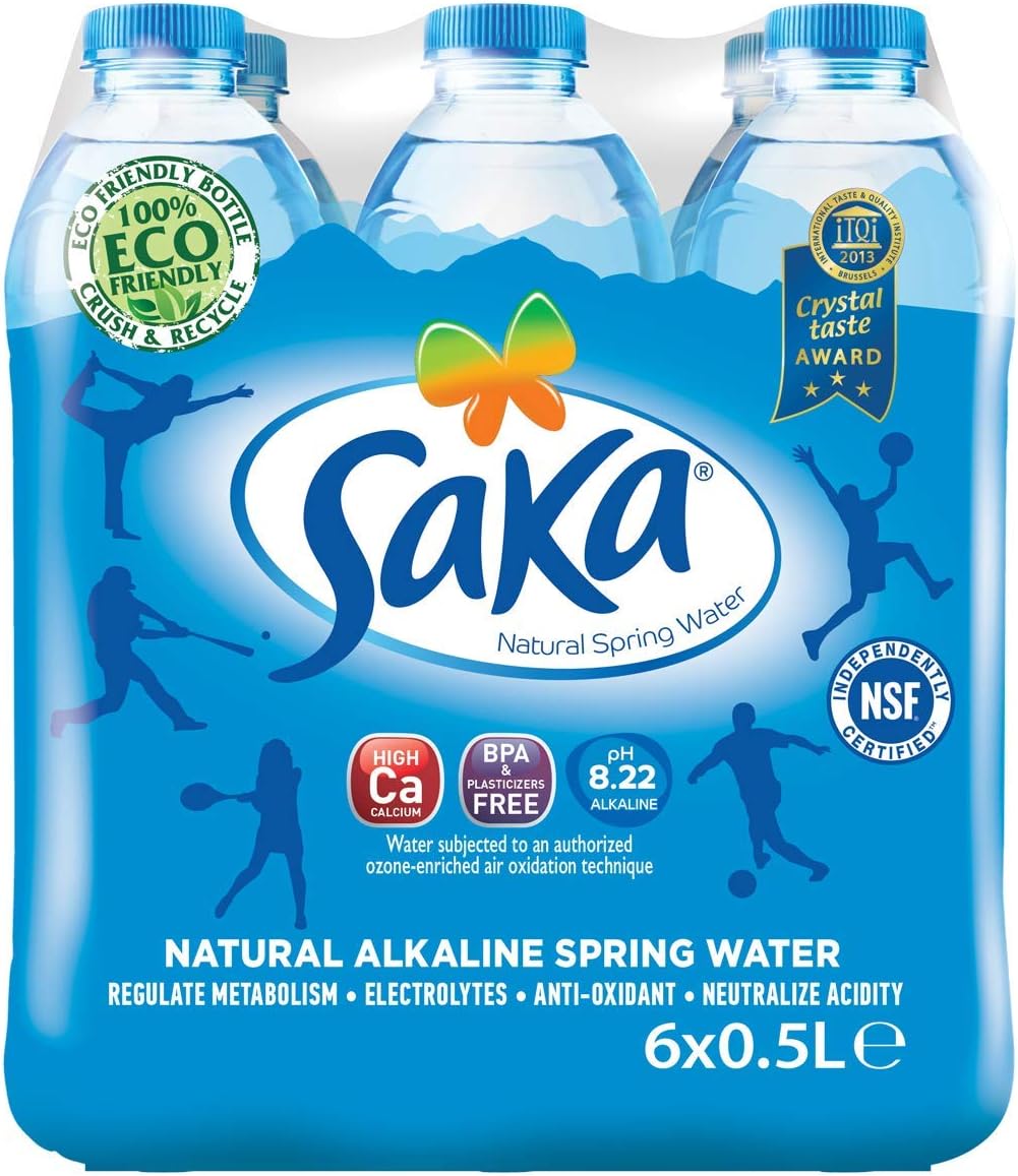 SAKA Natural Alkaline Water 0.5-Liter Bottles; 6 pack, 16.9 Oz Natural Alkaline Water; Electrolytes for Taste; Best Re-hydration; pH 8.22 or Higher; Pure Drinking Water (6 pack)