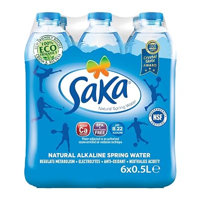 SAKA Natural Alkaline Water 0.5-Liter Bottles; 6 pack, 16.9 Oz Natural Alkaline Water; Electrolytes for Taste; Best Re-hydration; pH 8.22 or Higher;