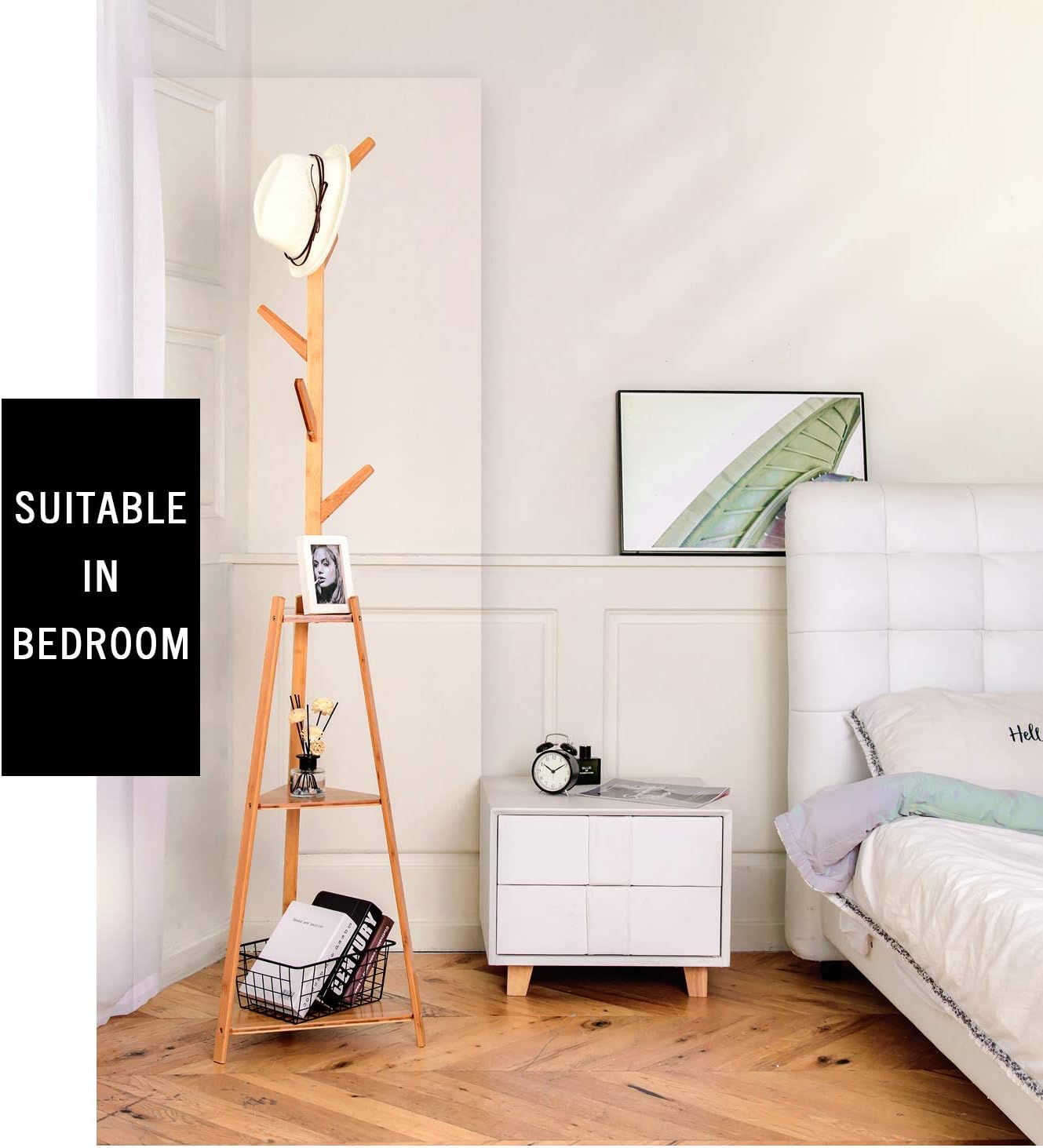 Hododou Coat stand, 2 in 1 Bamboo Coat Hat Stand Storage Rack 5 Hanging