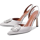 Vertundy Women's Rhinestone Slingback Pumps Pointed Toe Satin Crystal Stiletto High Heels Sandals Party Wedding Bride Pump Dress Shoes