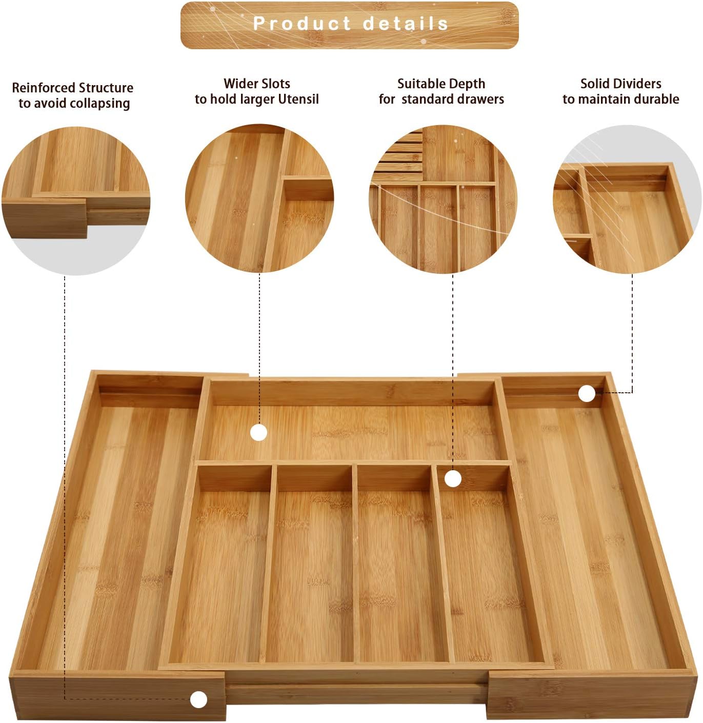 Bamboo Silverware Drawer Organizer Kitchen, Expandable Utensil Holder and Cutlery Tray with Divider | 13"-21.6" Flatware Storage and Removable Knife Block: Kitchen & Dining