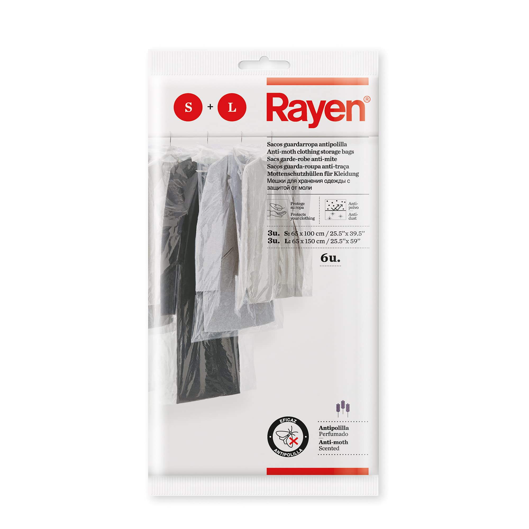 Rayen Moth Proof Cabinet Cover Pack of 6 Transparent Bags for Storing Clothes Anti-Dust, Polyethylene, 65 x 100 cm, 3 and 65 x 150 cm