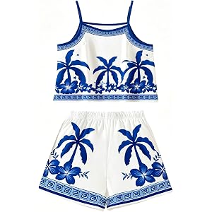 OYOANGLE Girl's 2 Piece Outfits Tropical Cami Crop Top and Wide Leg Shorts Clothing Sets Beach Vacation Outfits