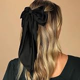 AYNKH 2 PCS Big Bow Hair Clips Satin Black White Barrette Women Girls view 8