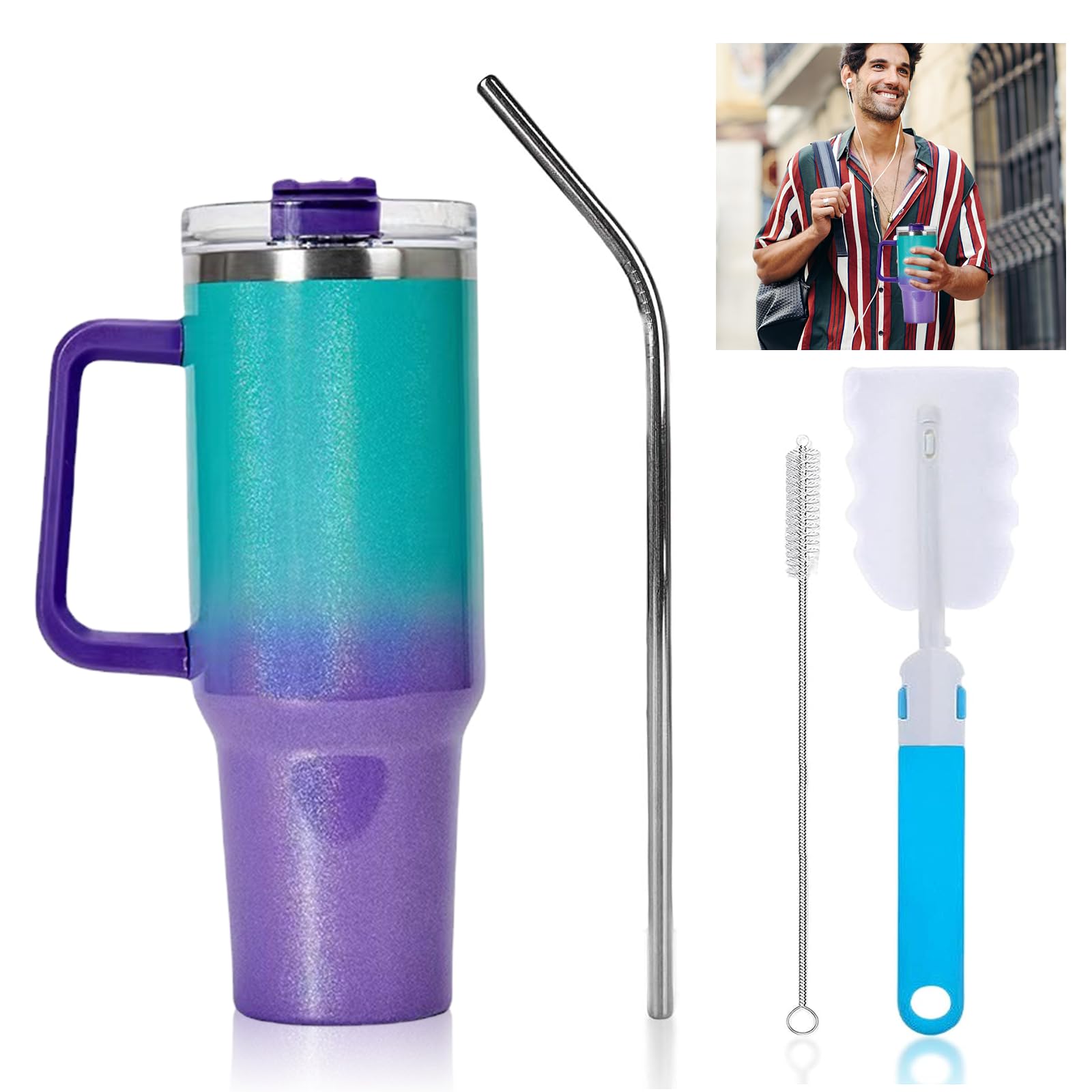 YOYIAG 40oz Insulated Tumbler with Handle Reusable Insulated Coffee Cup with Stainless Steel Straw, Car Water Bottle, Vacuum Travel Mug with Straw Brush, for Water Coffee Hot Cold, BZ-2247