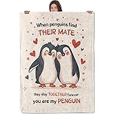 AHUCIZ Cute Penguin Couple Lightweight Throw Blanket, Adorable Cartoon Animal with Heart, Warm Soft Cozy Flannel Blankets, Couch Dorm Home Decor All Season Use, 60x50in, Beige, Gifts for Friends