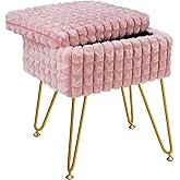 RunLexi Rectangle Vanity Chair with Storage, Faux Fur Vanity Stool with Anti-Slip Adjustable Feet, Fur Footstool Ottoman for Makeup, Bedroom, Square Grid Pattern, Pink