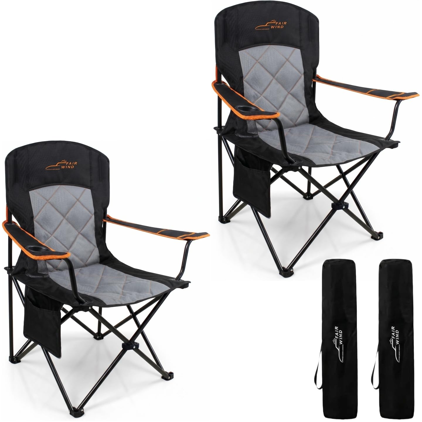 FAIR WIND Oversized Fully Padded Camping Chair, Heavy Duty Quad Fold Chair Arm Chair Support 350 LBS with Cup Holder, Collapsible Lumbar Back Chair Portable for Outdoor, Black