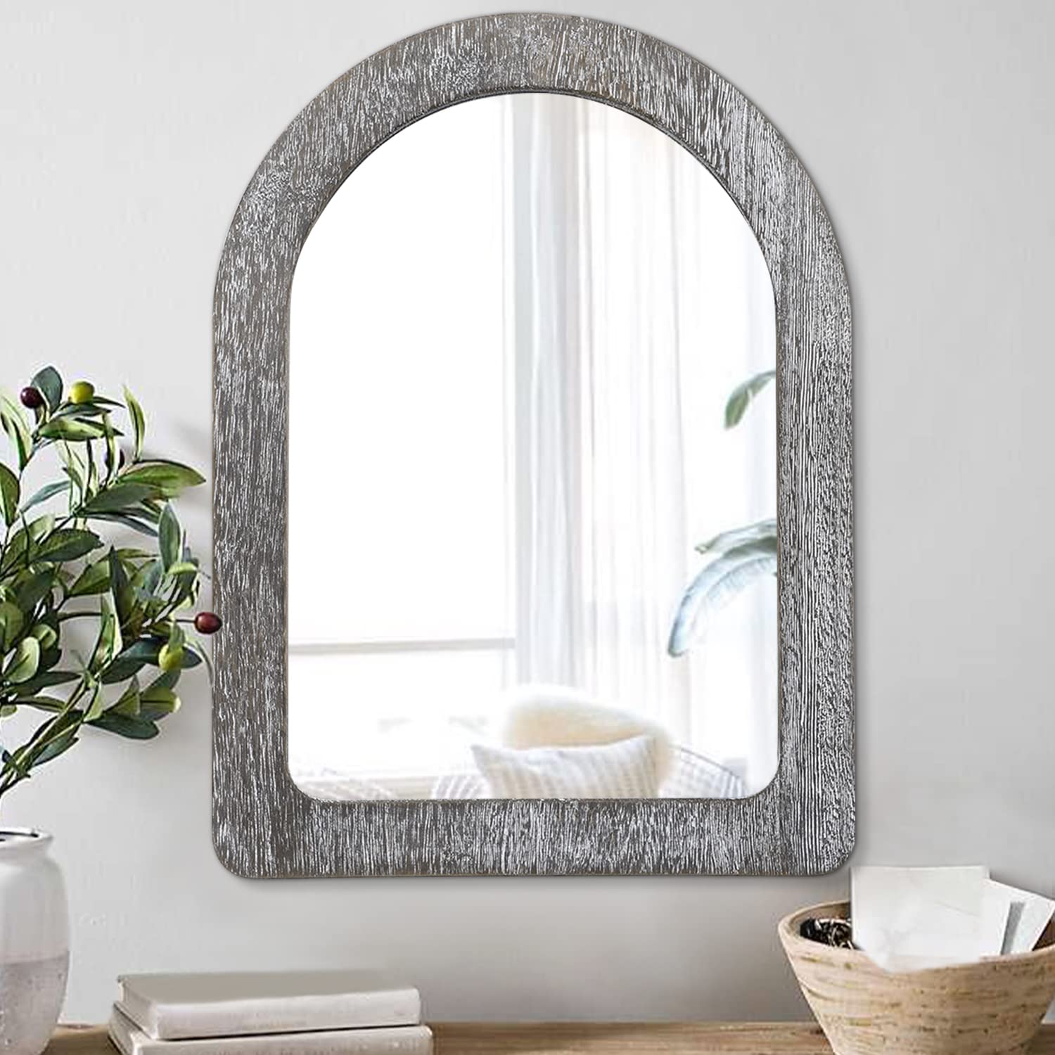 AAZZKANG Mirrors for Wall Rustic Wood Arched Mirror for Bathroom Bedroom Living Room Decorative Hanging Mirror 50 x 40 cm