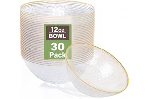 Rubtlamp 30 Pack Clear Disposable Bowls, Clear Plastic Bowls with Gold Rim, 12-16oz Premium Heavy Duty Plastic soup Bowls for Party, Wedding and Holiday