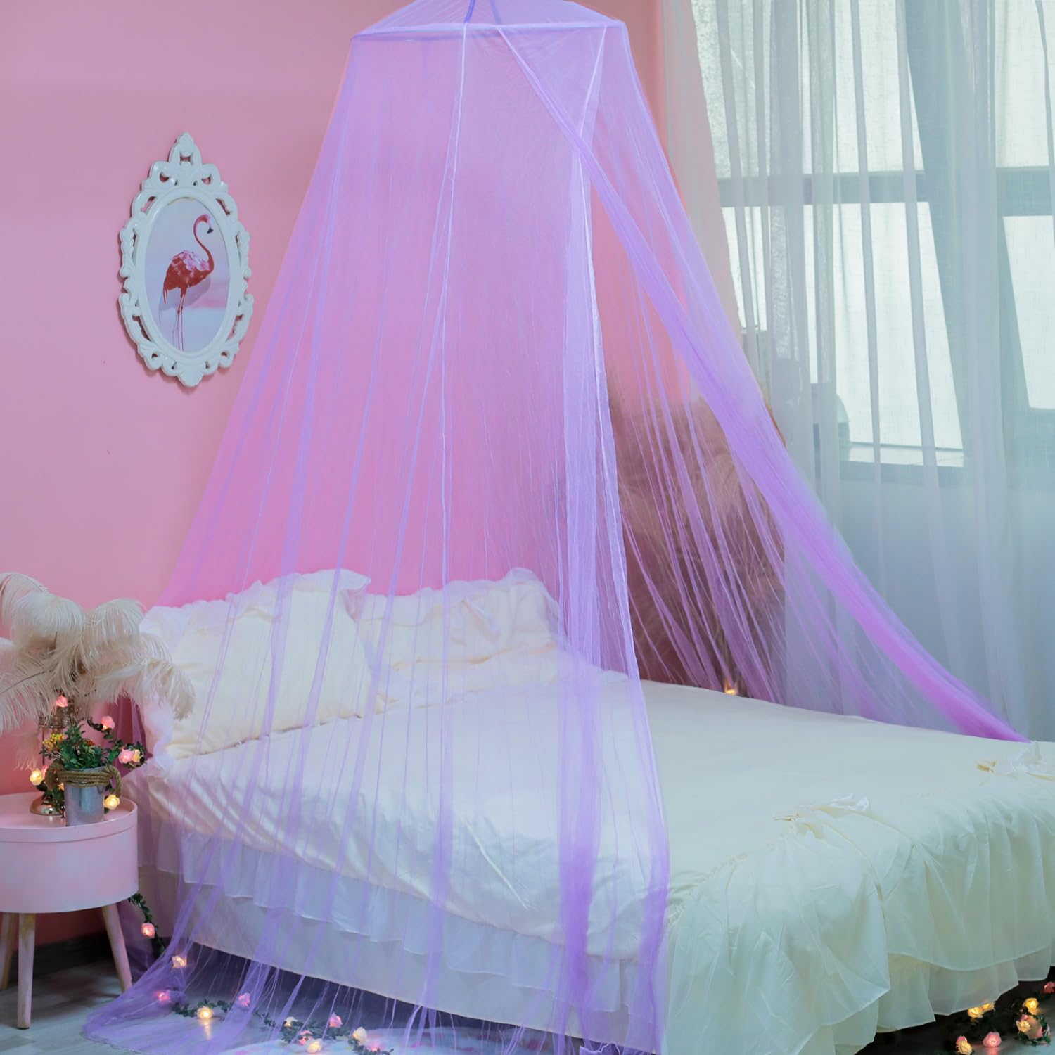 Wnqou Mosquito Net for Bed, Large Dome Canopy Mosquito Net for Single/Double Bed, Girls Room Drcor,Easy Installation for Travel and Home (Purple)