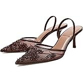 Kluolandi Women's Embroidered Slingback Kitten Heels with Pearls Breathable Mesh Pointed Toe Pumps Low Heel Slip On Dress Shoes