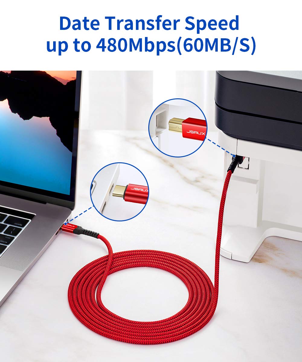 JSAUX USB B to USB C Cable 10ft, USB C Printer Cable Compatible with MacBook Pro, HP, Epson, Canon, Brother, Lexmark, Xerox Printers and Scanner-Red