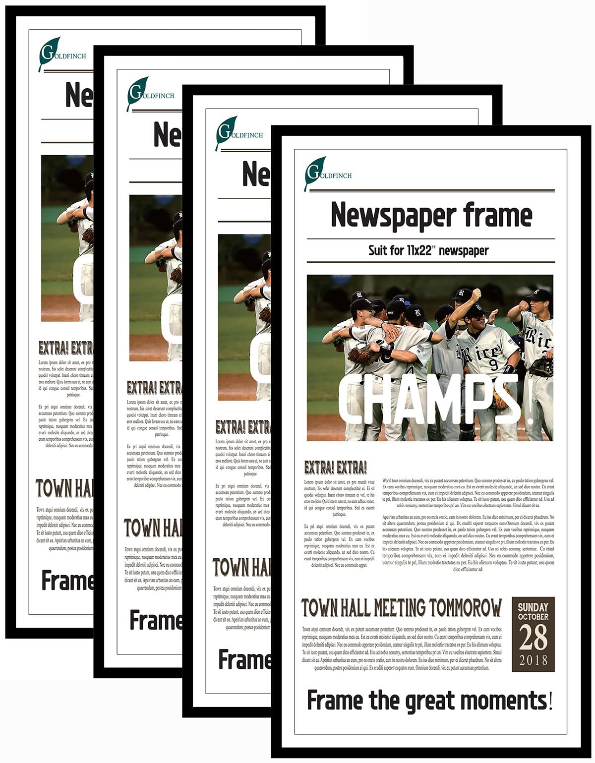 Photo 1 of Goldfinch 4 Packs, 11x22 Newspaper Frame to Hold Assorted Media, Article Cover Frame with Polished Plexiglass, Includes Installed Wall Hangers (4, Black)