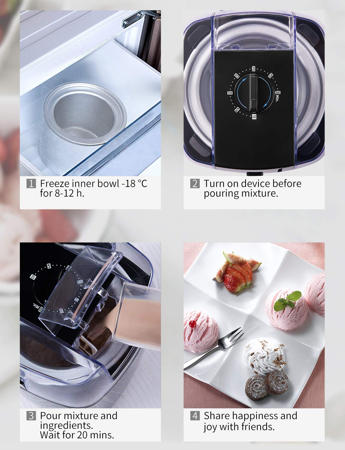 Aicok Ice Cream Maker, Frozen Yogurt and Sorbet Machine BPA Free with