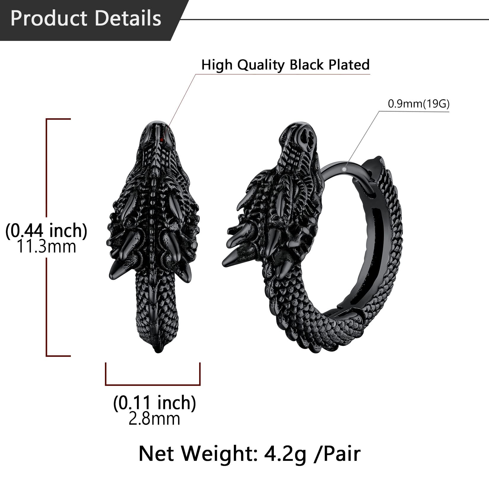 U7 Dragon Earrings Stainless Steel/18K Gold/Black/S925 Sterling Silver Hoop Earrings for Men Women, Personalized Punk Rock Huggie Earrings, Hypoallergenic