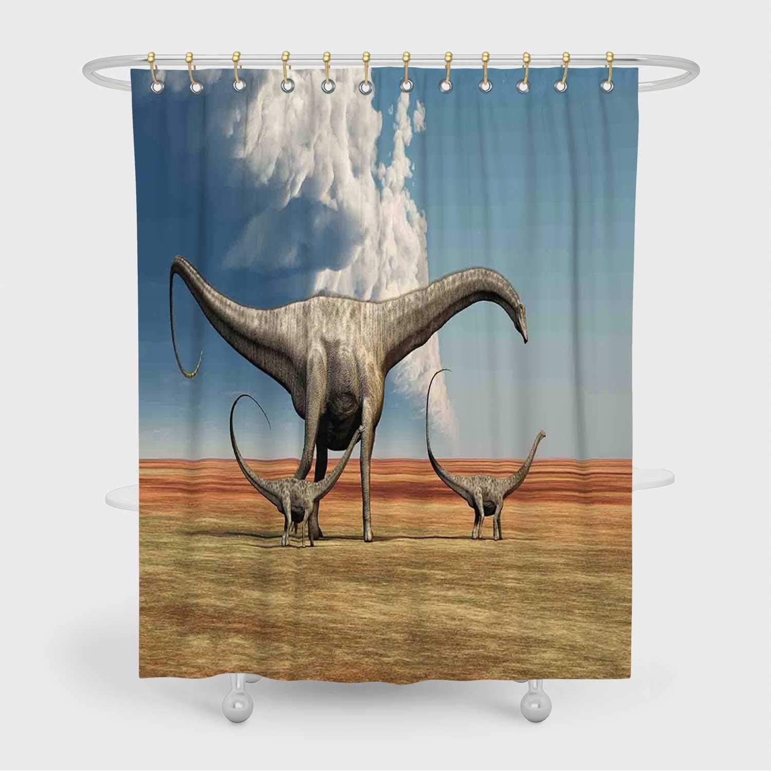 ALUONI Shower Curtain Decor Shower Curtain,Mother Diplodocus Dinosaur Walks Along with her Brood of Youngsters Clouds for Bathroom Decor,72x96in(WxH)