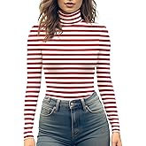YumiDay Women's Turtleneck Long Sleeve Top, Striped High Neck Shirt Baselayer Ribbed Stripes Slim Fitted Tee Stretchy