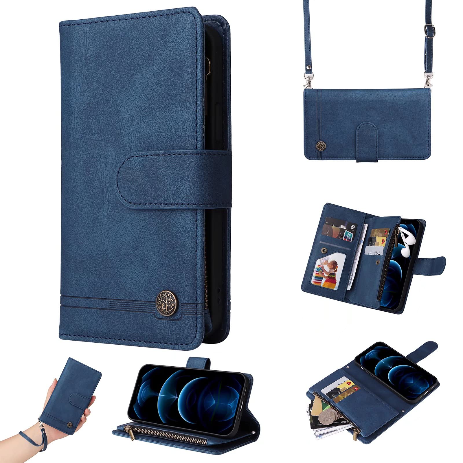ESONG Case for OPPO Reno7 5G/OPPO Find X5 lite,PU Leather Shockproof Protective Crossbody Phone Cover,With[Wrist Strap][Magnetic][Card Slots][Kickstand][Zipper Pocket]-blue