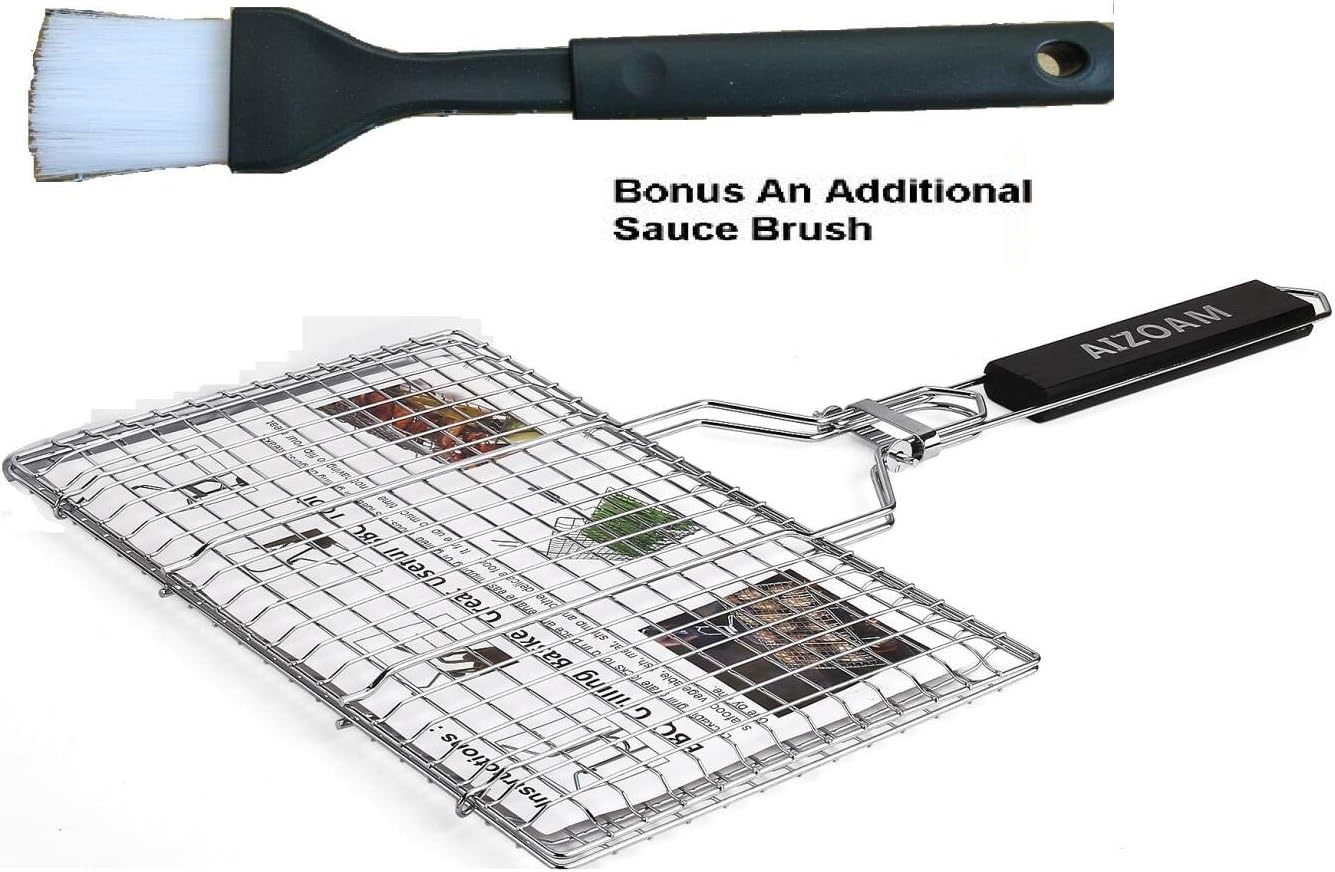 AIZOAM Portable Stainless Steel BBQ Barbecue Grilling Basket for Fish, Vegetables, Shrimp, and Small Flat Sea Food .Great Useful BBQ Tool.-【Bonus Additional Sauce Brush and 50 Natural Bamboo Skewers 】 : Garden & Outdoor