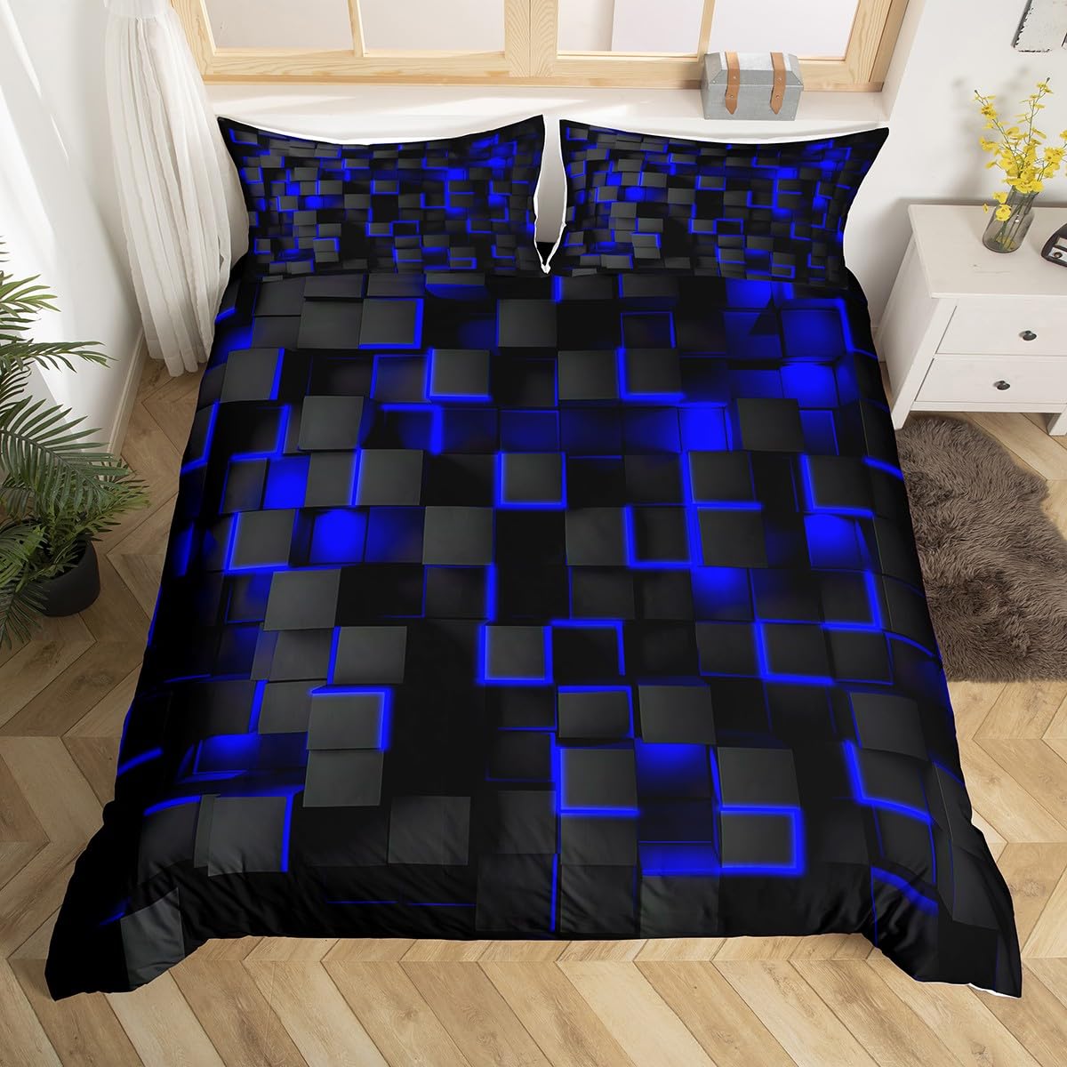 Blue and Black Bedding Duvet Cover Set Single Size Light Geometric Bedding Set for Kids Boys Girls Decor Comforter Cover Set Modern Style Bedspread Cover — image 1