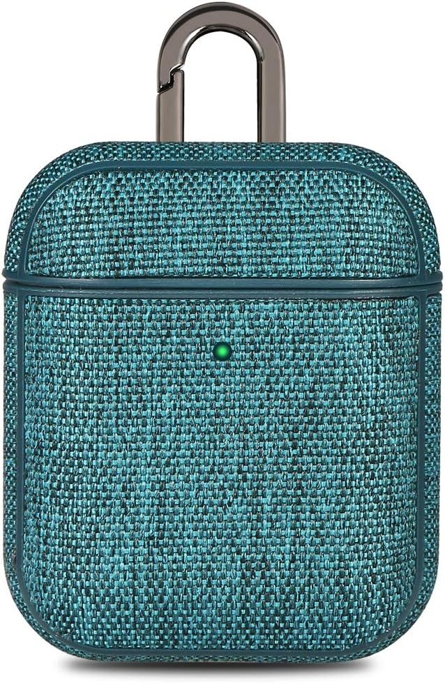 AirPods Case, AirPods Case Cover with Keychain, iTokGok Fabric Skin Carrying Case [Visible Front LED] Shock-Resistant Slim Hard Case Compatible with Apple AirPods 2&1 (Green)