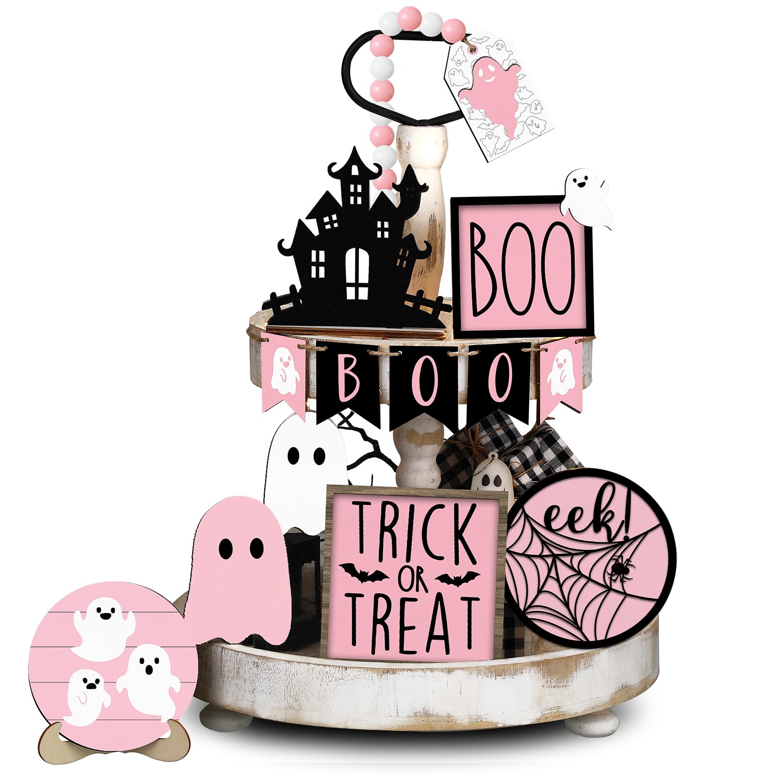 Photo 1 of Umigy 15 Pcs Halloween Tiered Tray Decor Set Cute Ghost Tray Decorations Boo Halloween Wooden Signs Farmhouse Rustic Decoration for Home Table Party Supplies(Pink Ghost)