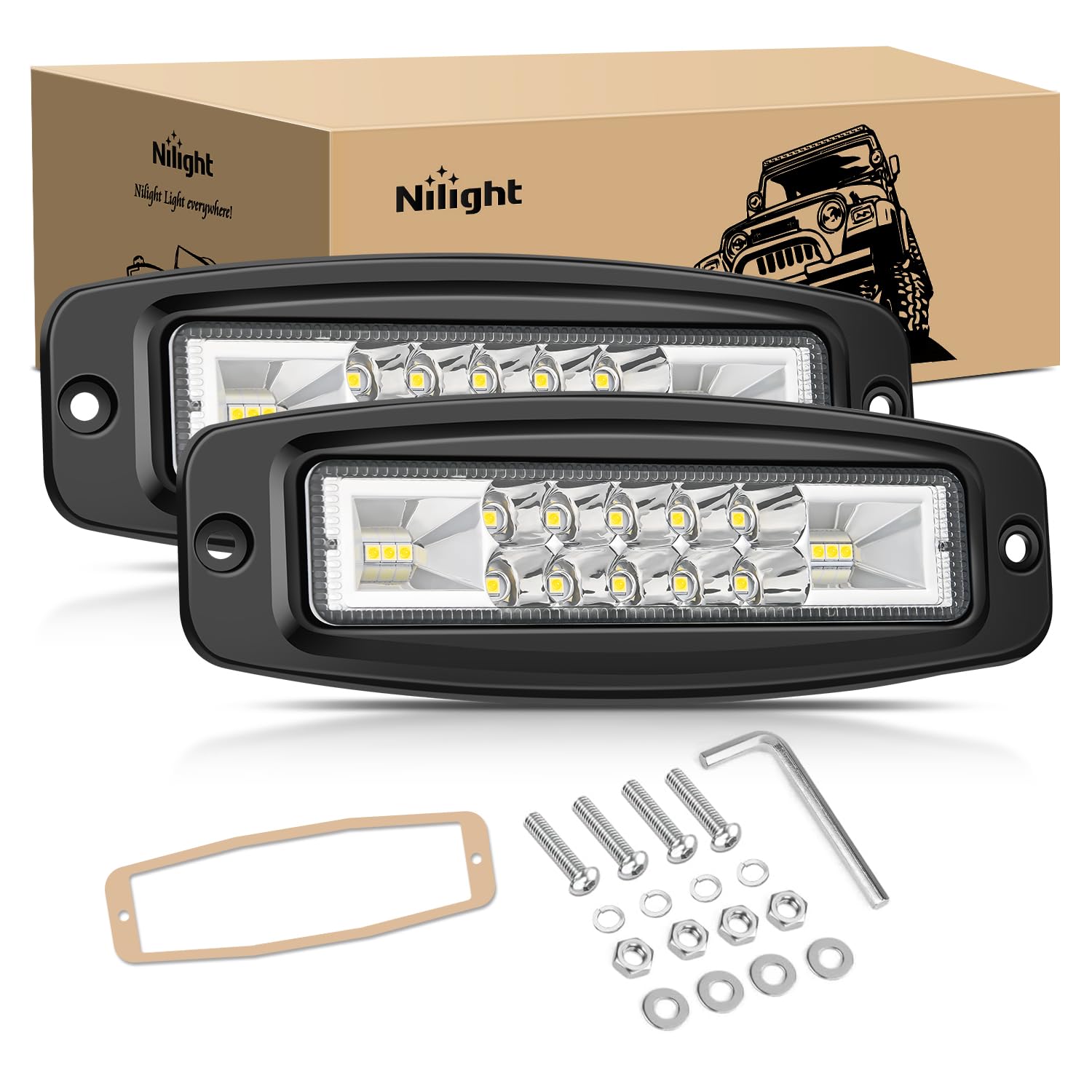 Nilight 18W Flush Mount Flood LED Fog Lights – 2-Pack With Wiring Harness, Off-Road Tractor