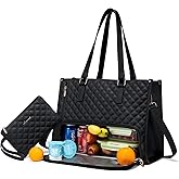 LOVEVOOK Lunch Tote Bag for Women, 15.6 Inch Laptop Bag with Insulated Lunch Compartment, Quilted Large Capacity Computer Handbag with Purse for Business, Work, Nurse, Office, Collage, Casual, Black