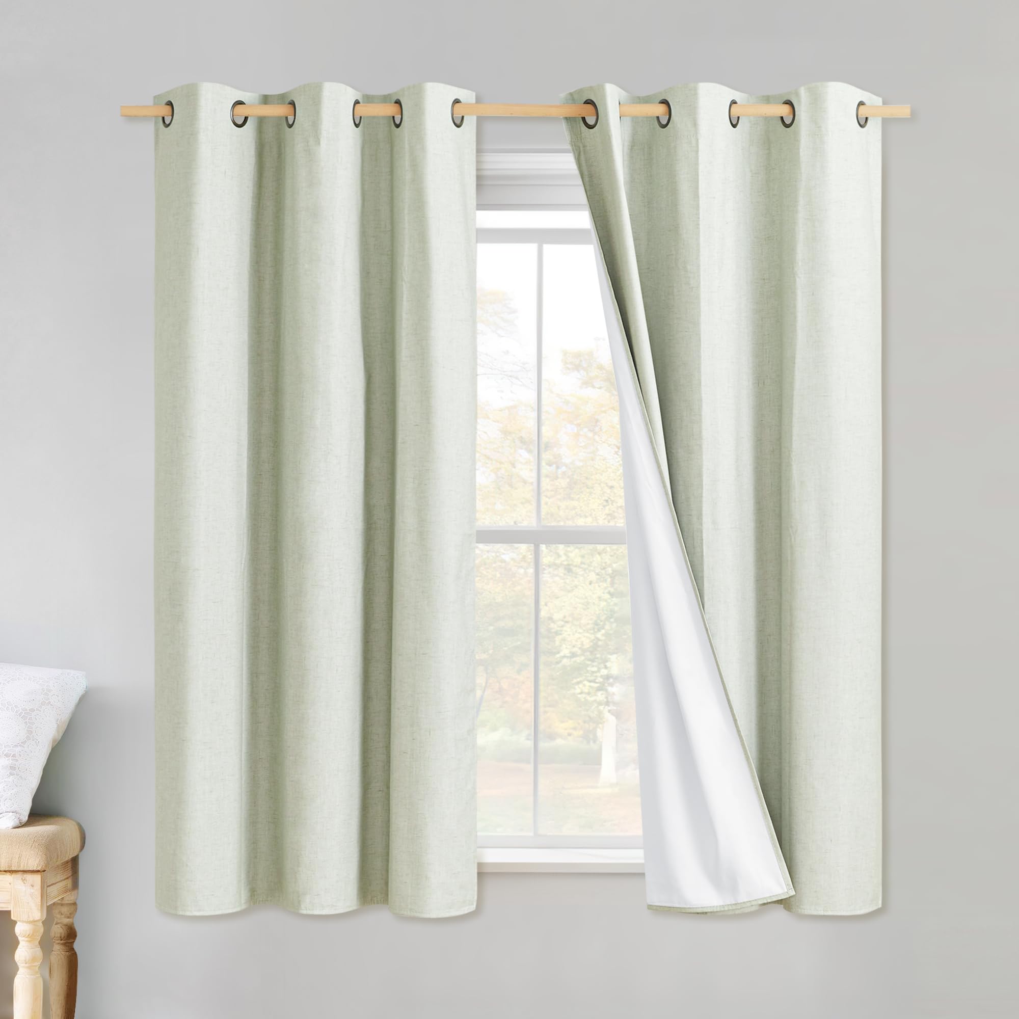 Photo 1 of NICETOWN Sage Green Linen Blackout Curtains for Night Shift, Great Job, Set of 2, 34" by 60", Short Kitchen Burlap Linen 100% Blackout Drape Panels with Bronze Grommets for Blocking Light