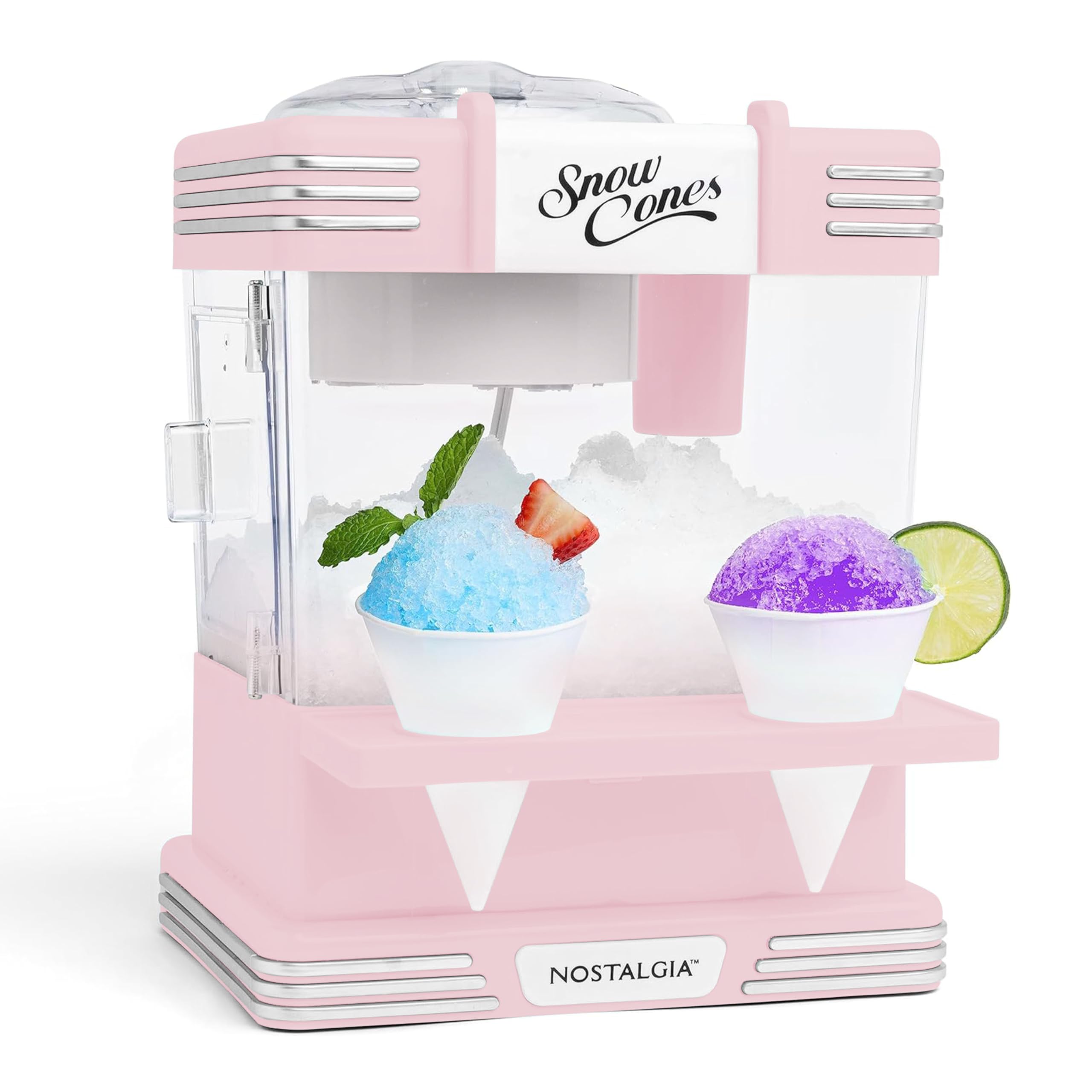Nostalgia Retro Snow Cone Maker – Countertop 5-qt Shaved Ice Machine – Stainless Steel Blades – Includes 2 Reusable Cups, Ice Scoop, & Sid Shelf – Pink Image
