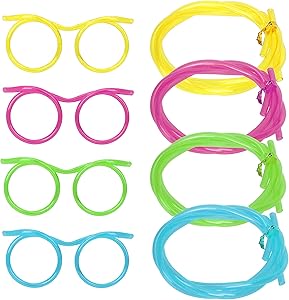 MOTZU 4 Pieces Silly Straws, Novelty Flexible Soft Drink Eyeglasses, Fun Party Drinking Straw Eye Glasses, Crazy Funky Drinking Tube For Party Supplies, Children Kids Birthday (Random Color)
