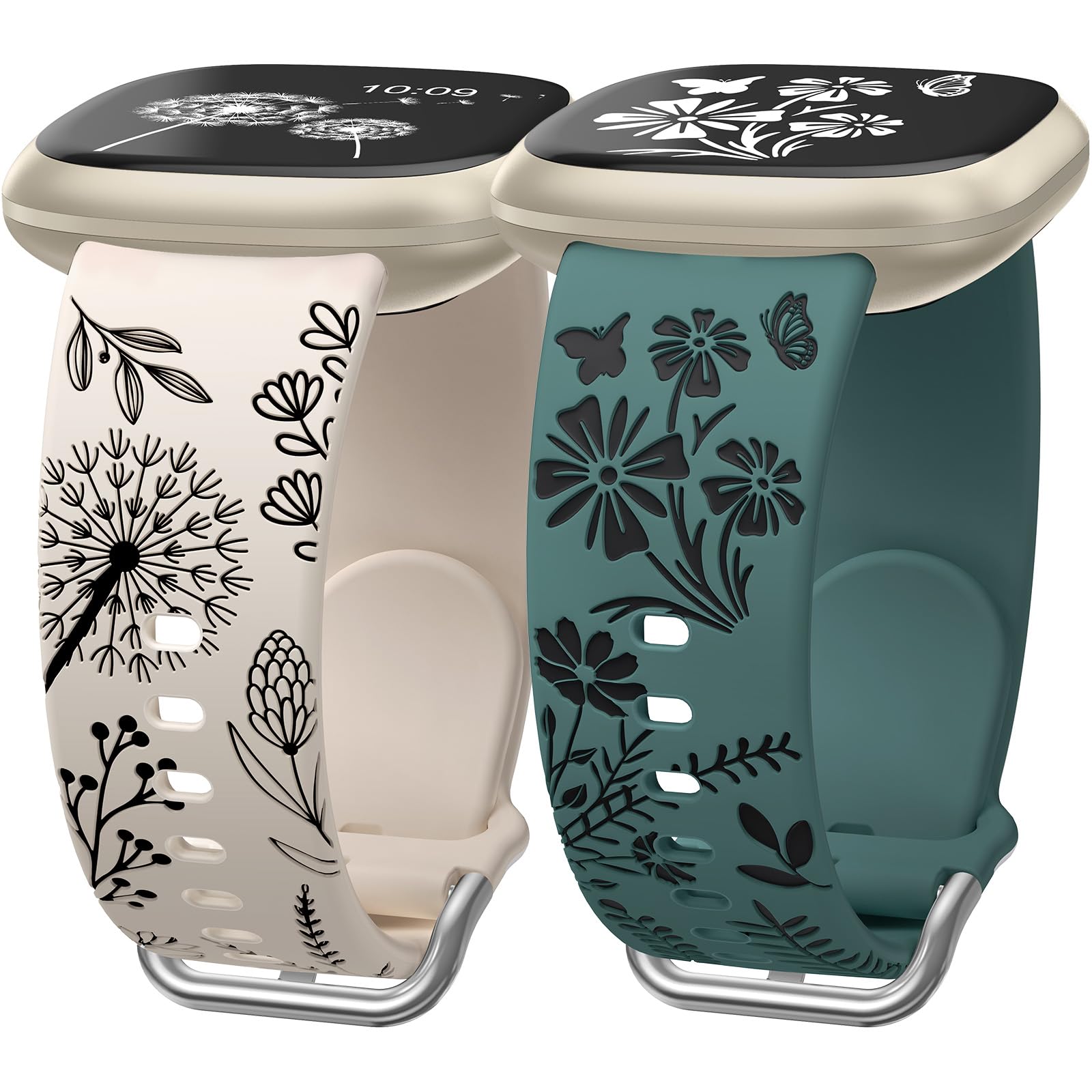 Wearlizer 2 Pack Floral Engraved Strap Compatible with Fitbit Versa 3 Straps/Versa 4 Straps/Sense 2/Sense Bands Women, Cute Two-Tone Flower Soft Silicone Sport Bracelet Starlight/Black Green/Black