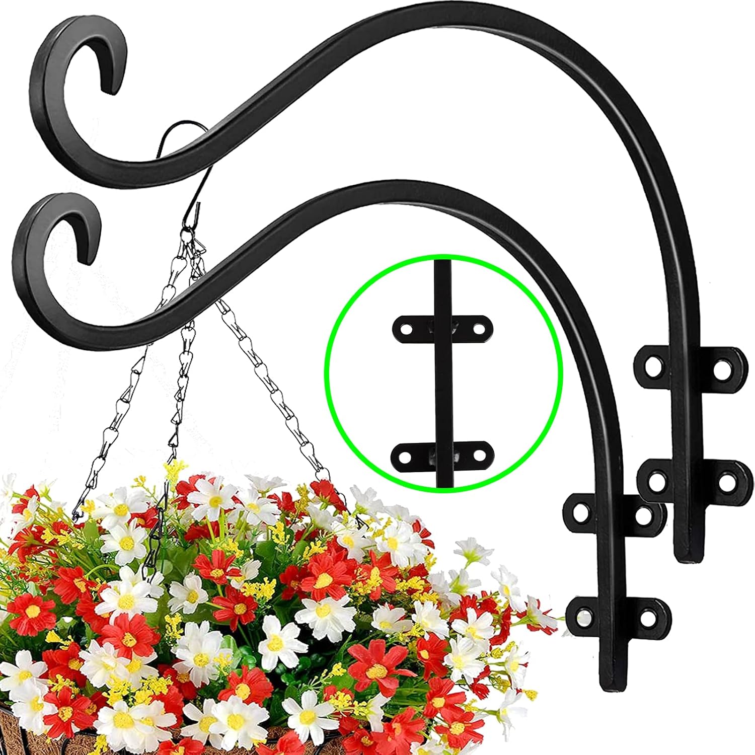 Outdoor Hanging Brackets - 2 Pack Heavy Duty Plant Hanger Bracket, 16Inch Hanging Brackets for Plants Outdoor and Indoor, 80lbs Holding Capacity Metal Plant Wall Hooks, Black Hanging Plant Brackets for Flower Wind Bird Feeder