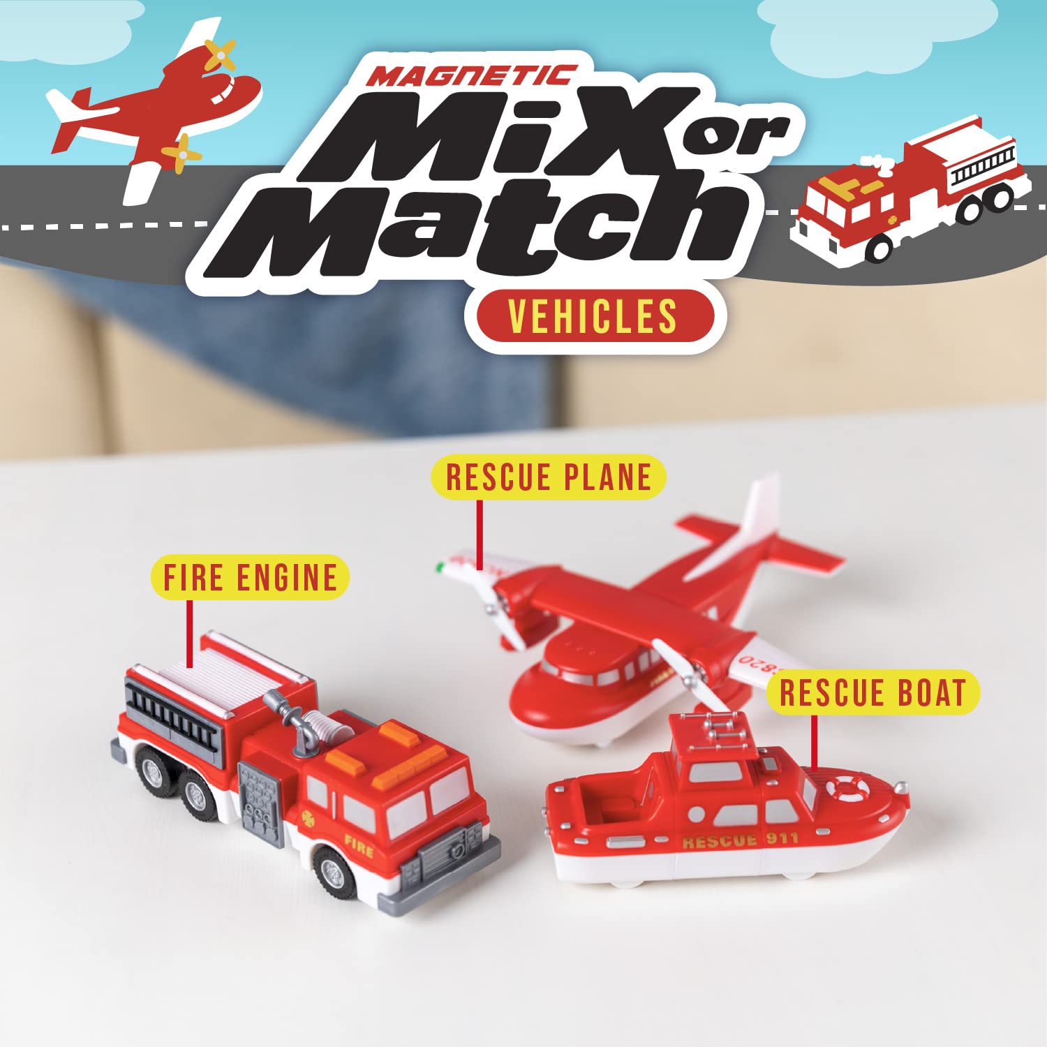 Popular PLAYTHINGS Magnetic Mix or Match® Vehicles, Fire & Rescue, Red and White