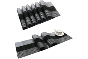 SHACOS Placemats with Table Runner Set of 7 Woven Vinyl Table Mats and Runner for Dining Table Heat Resistant, Ombre Black Gray