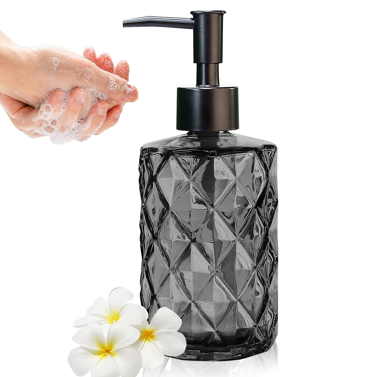 AstraLoom Glass Soap Dispenser, 330ml/12oz Refillable Glass Bottle with Rust-Proof Plastic Pump Head for Bathroom, Mordern Design, Suitable for Liquid Soap/Shampoo/Lotion/Essential Oil（black）