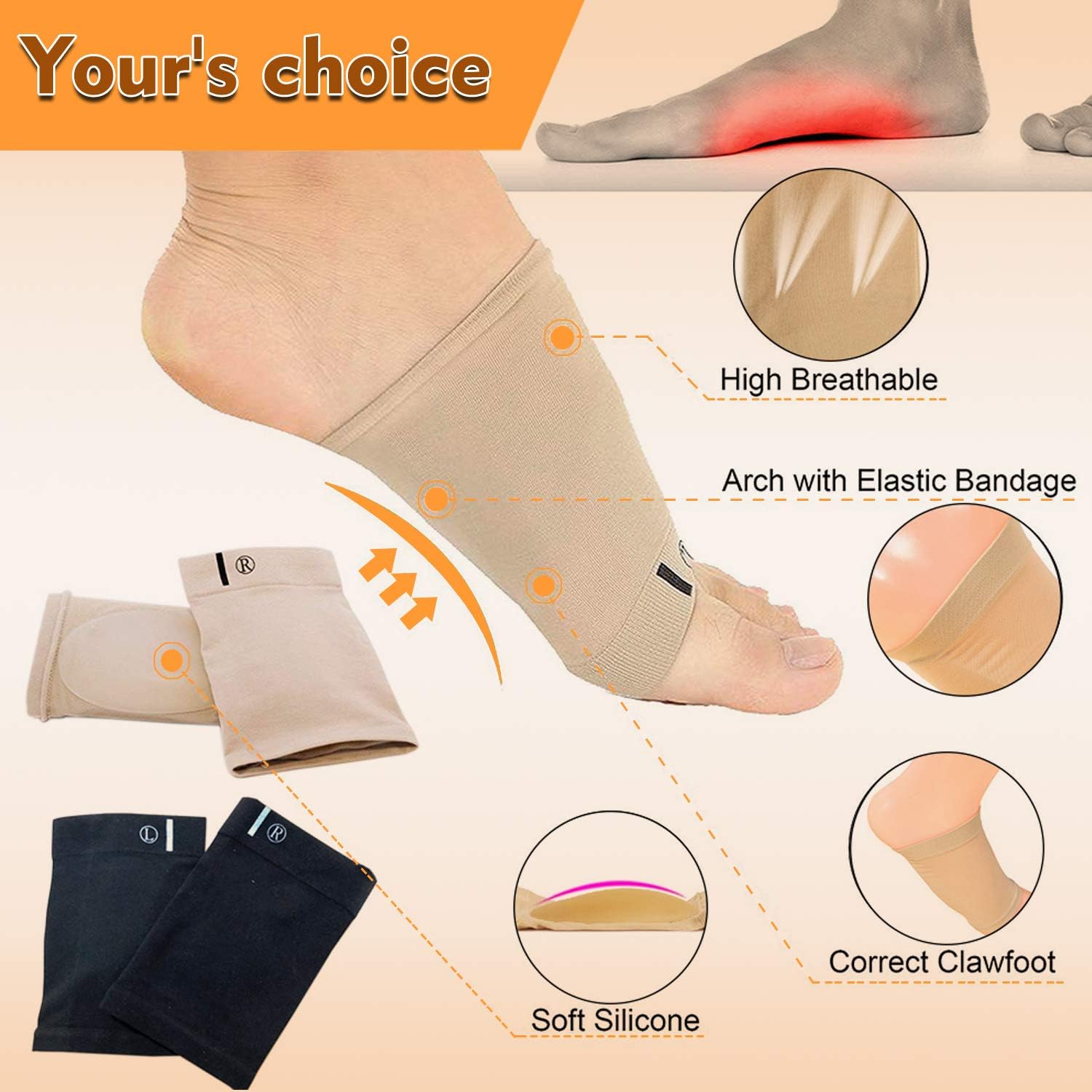 Compression Arch Support Sleeves Sock Mixed with Comfort Gel Pad, Elastic Bandage Arch Flatfoot Orthotics Massage Insoles Pads - Complexion & Black(2 Pair): Health & Personal Care