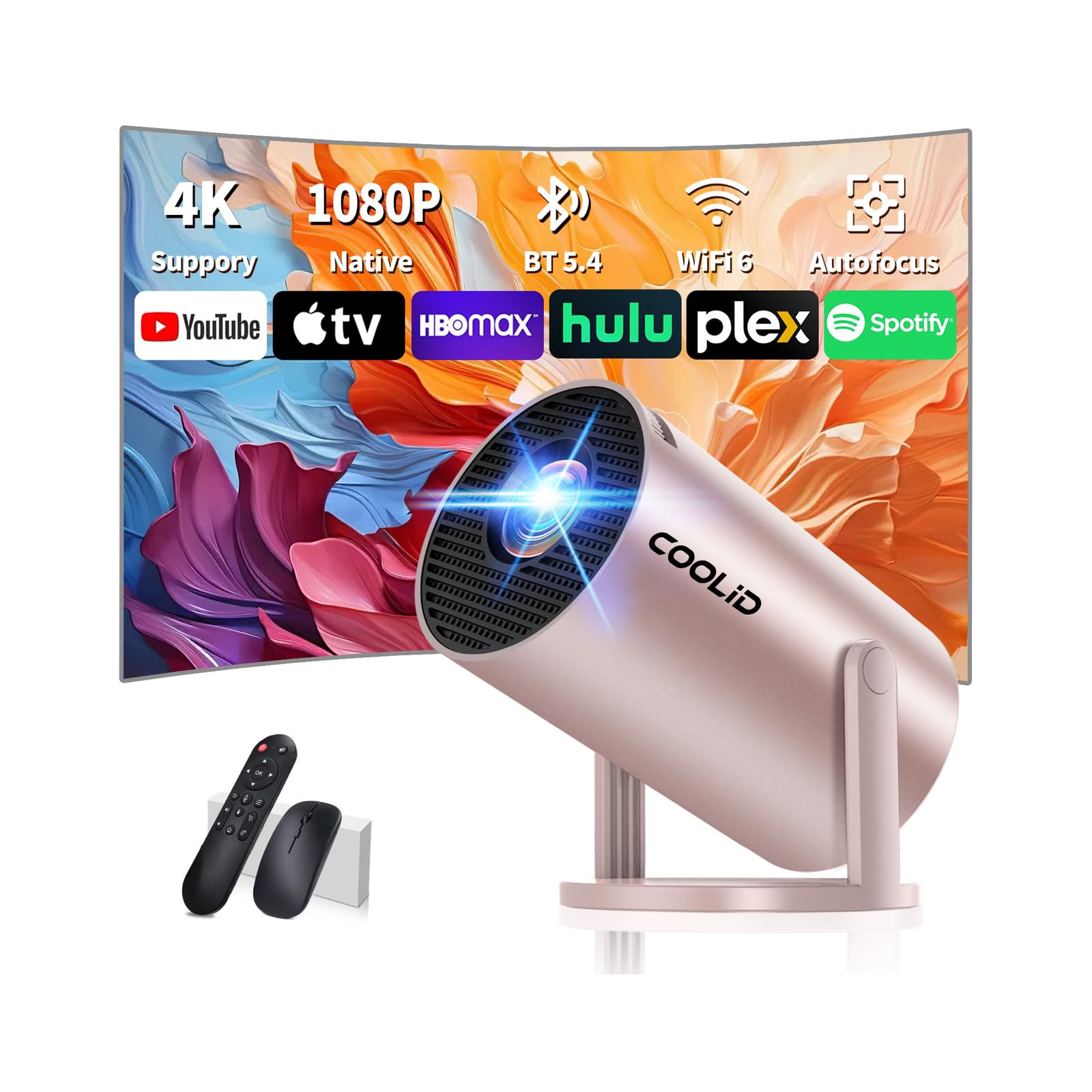 Photo 1 of [Built-in Apps & 2025 Upgraded] Mini Projector Support 4K 1080P Auto Keystone 270° Rotatable with WiFi 6 and Bluetooth 5.4, Projector Portable Compatibile with HDMI/TV Stick/Memory Stick/Laptop-Gold